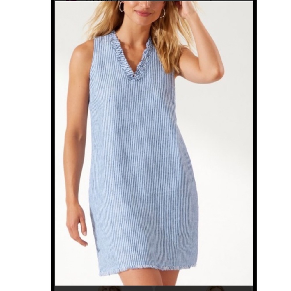 Tommy Bahama Two Palms Double Ruffle Linen Dress Small coastal resortwear boho